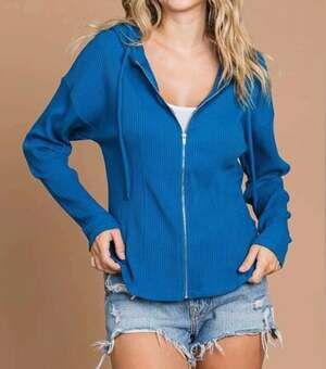 Culture Code Blue Ribbed Knit Full Zip Up Drawstring Hooded Jacket